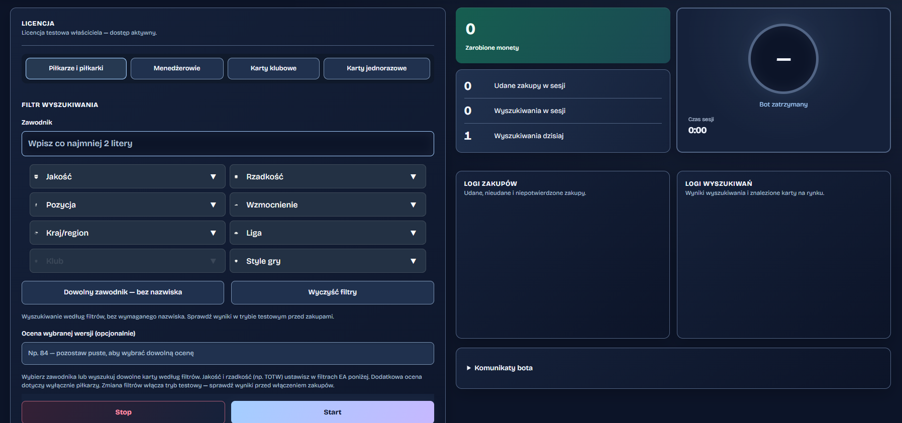 Panel Snipebot z konfiguracją, statystykami i logami